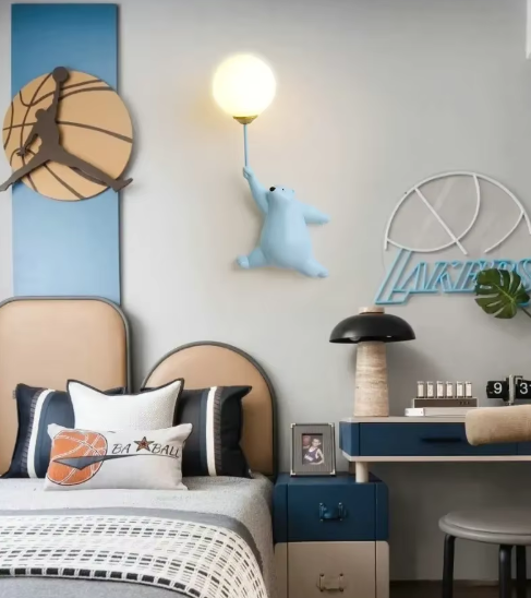 Modern LED Cartoon Wall Lamp – Minimalist Bear Wall Light with 3D Moon