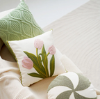 Green & Pink Tulip Embroidered Pillow Cover