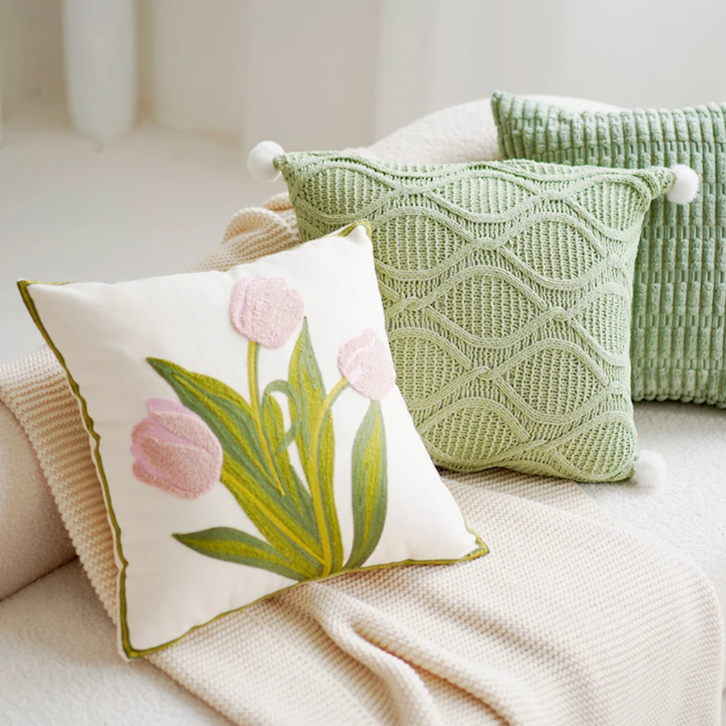 Green & Pink Tulip Embroidered Pillow Cover