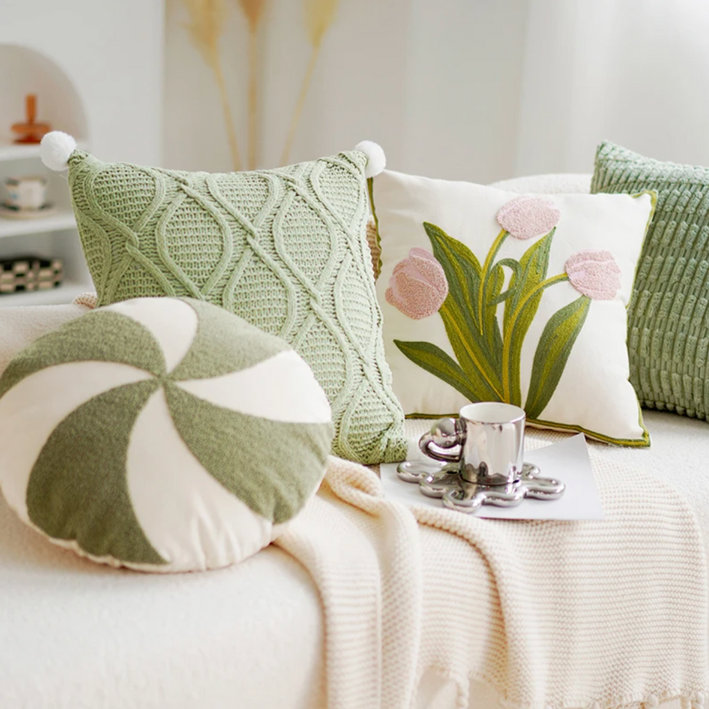 Green & Pink Tulip Embroidered Pillow Cover