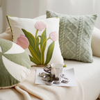 Green & Pink Tulip Embroidered Pillow Cover
