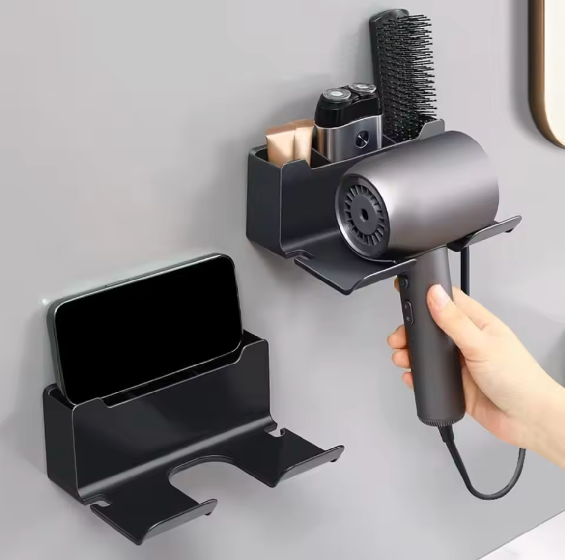 Multifunctional hair dryer holder – wall mounted | no drilling | with plug storage | ABS plastic