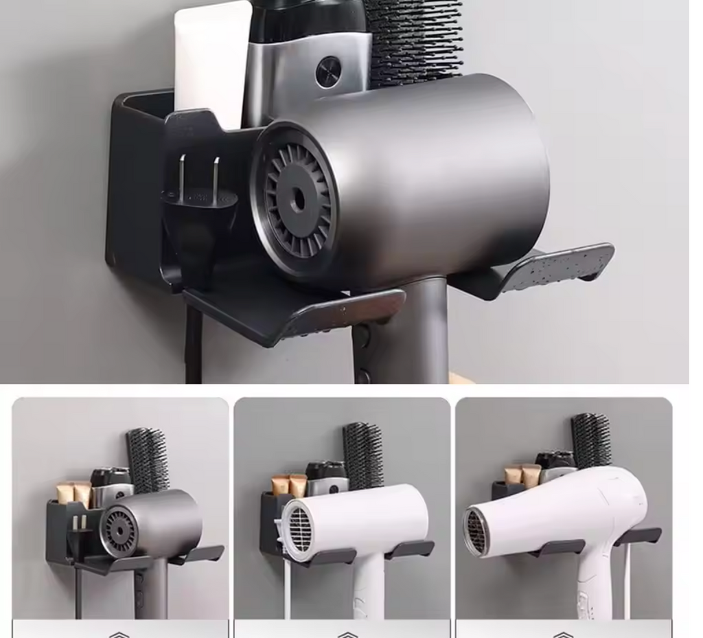 Multifunctional hair dryer holder – wall mounted | no drilling | with plug storage | ABS plastic