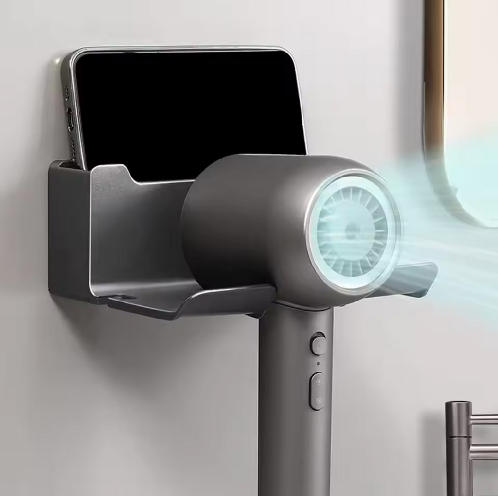 Multifunctional hair dryer holder – wall mounted | no drilling | with plug storage | ABS plastic