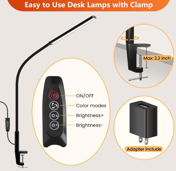 LED Desk Lamp With Clamp, Flexible Gooseneck And 3 Light Modes