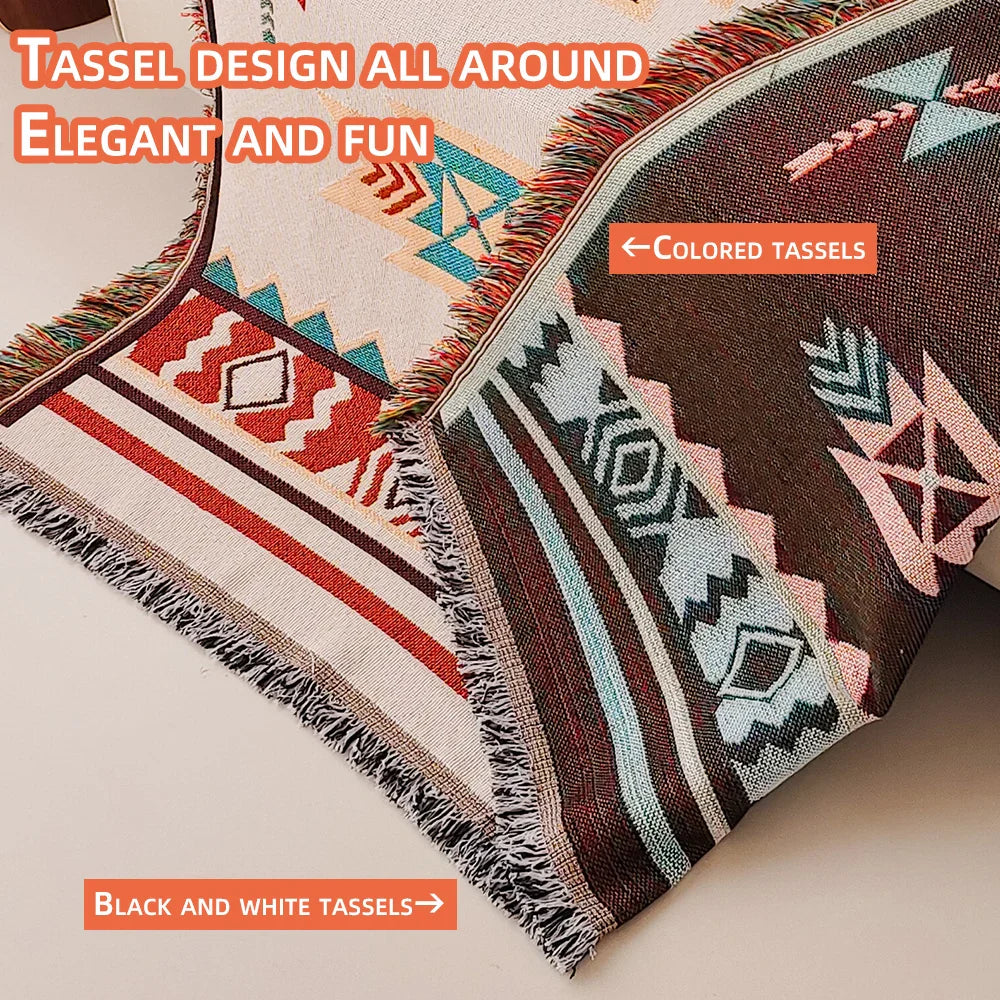 AztecaLoom Boho Blanket | XXL Aztec Throw with Fringes | Southwestern Ethno Style | Vintage Throw Blanket made of Cotton Blend