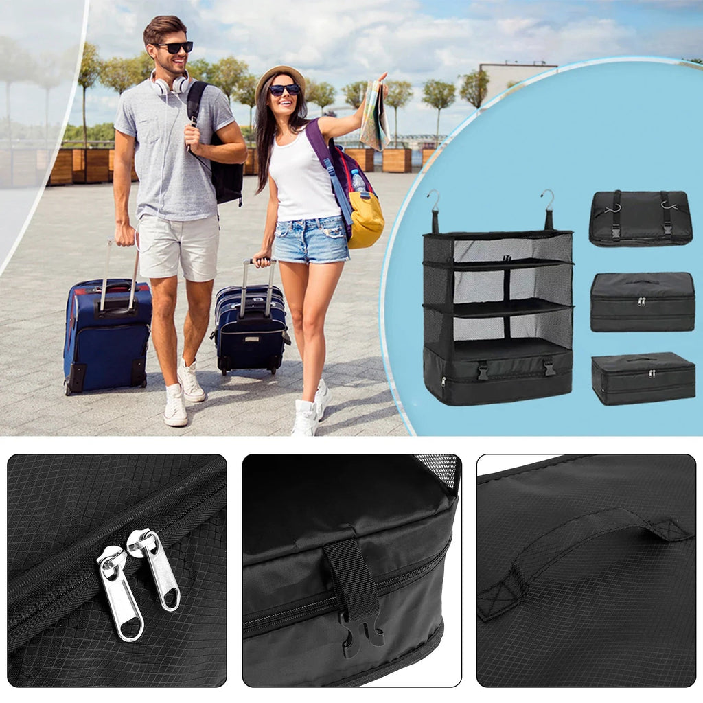 Packelier Suitcase Organizer | Hanging Shelf for Travel | 3 Compartments | Foldable & Water-Resistant | Black