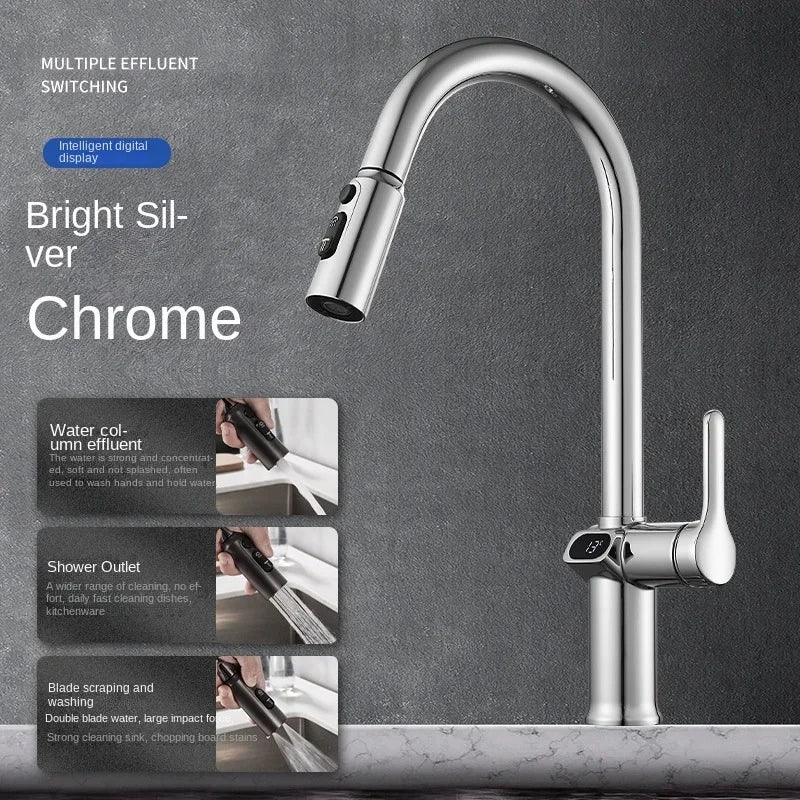 Pull-out Kitchen Faucet with Digital Display and Swivel Spout