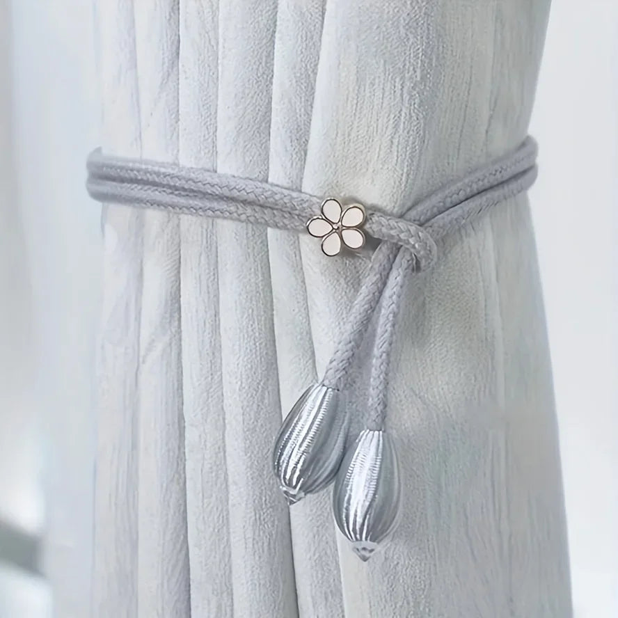 Floravia Curtain Holders 2-Piece Set | Adjustable Without Drilling | With Flower Buckle | Elegant Home Accessory