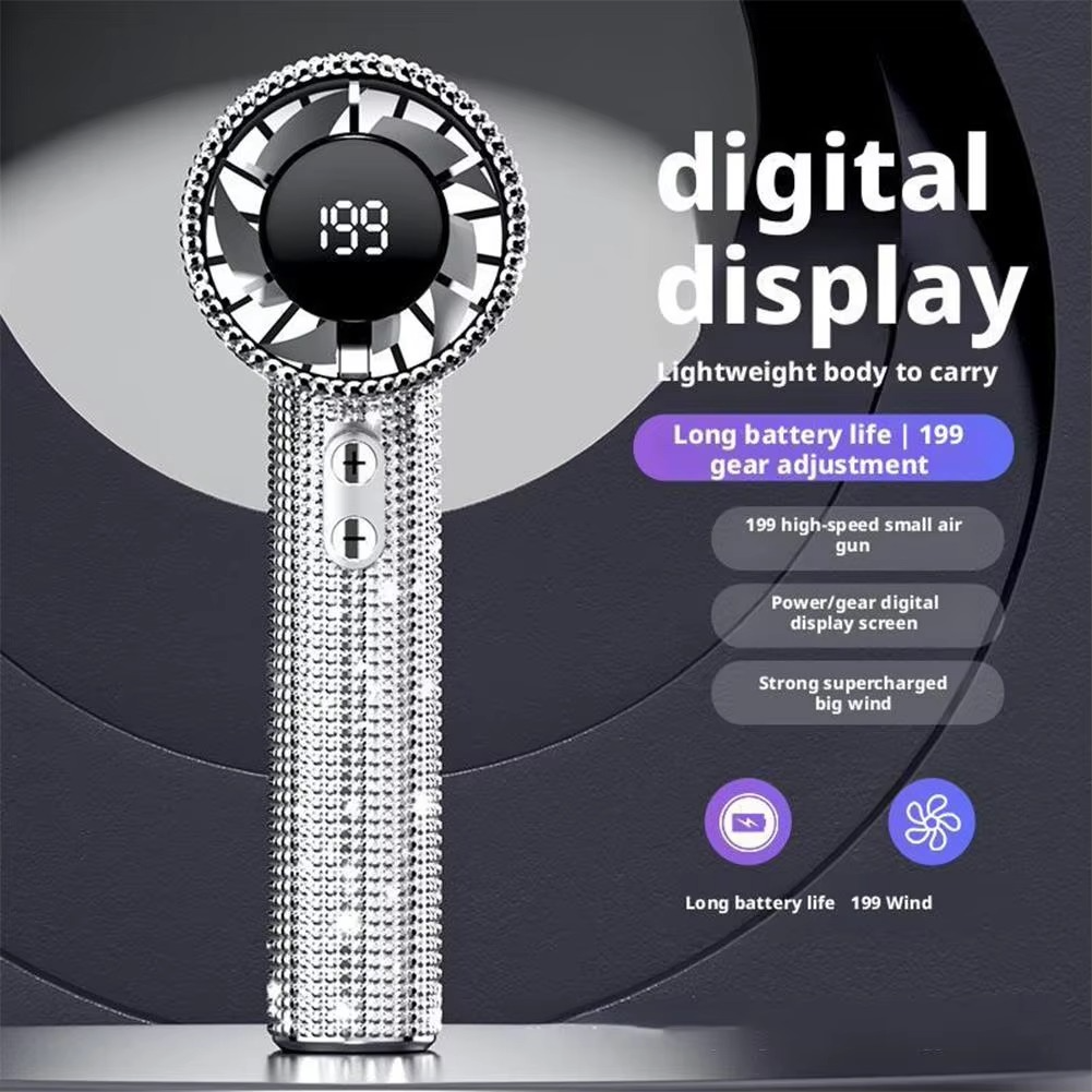 Diamond-Embellished Portable Fan with 199 Speed Settings and Type-C Recharge