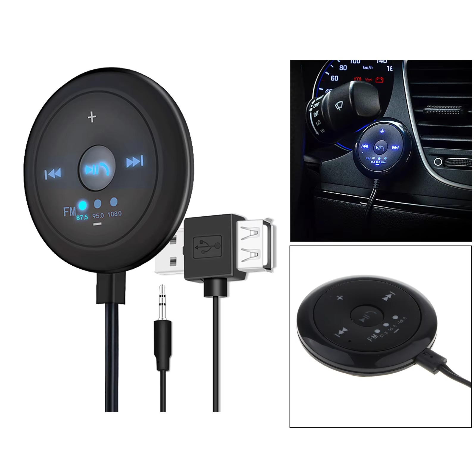 2-in-1 Bluetooth 5.0 Car Player with FM Transmitter, AUX Input, 500mAh Battery, 5V Input, Compatible with Phones and Tablets