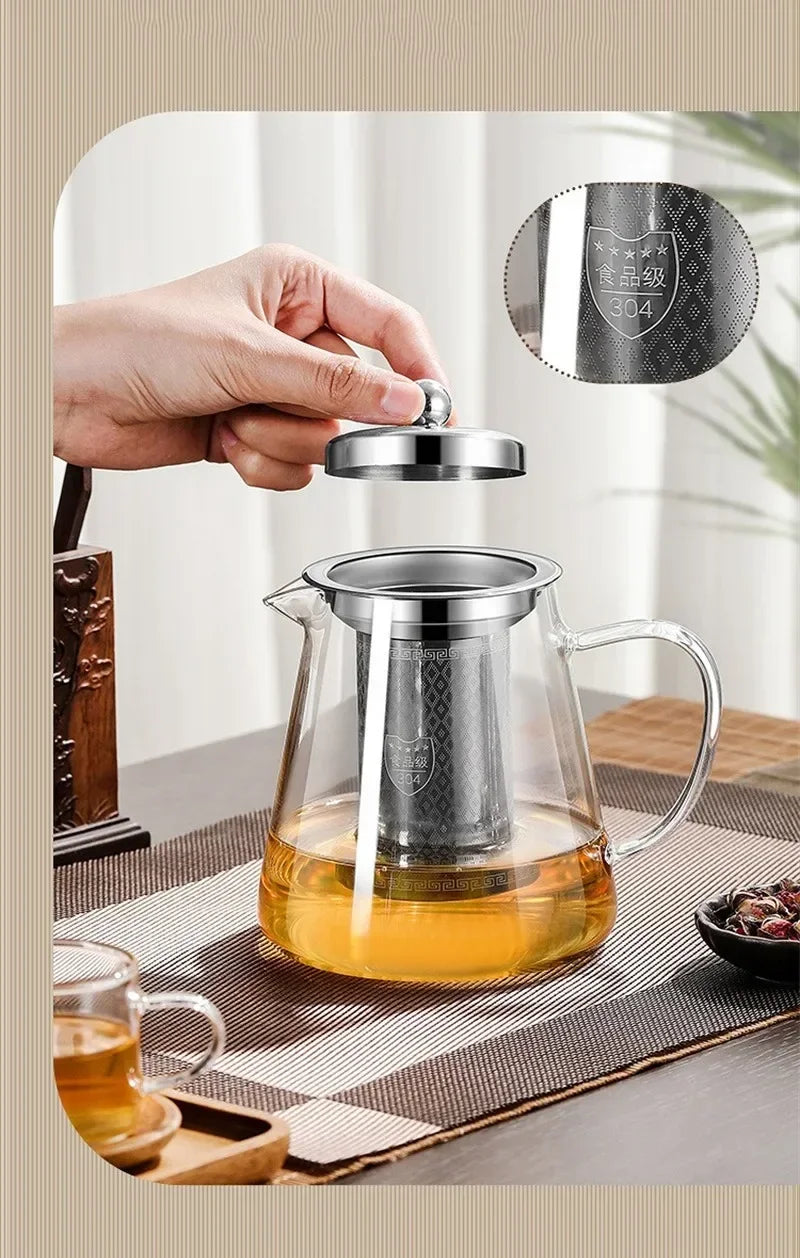 450ml-950ml Heat Resistant Glass Teapot – Stainless Steel Tea Filter, Flower Kettle for Kung Fu Tea, Puer and Oolong Tea