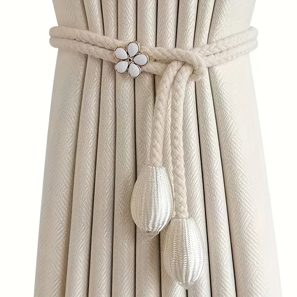 Floravia Curtain Holders 2-Piece Set | Adjustable Without Drilling | With Flower Buckle | Elegant Home Accessory