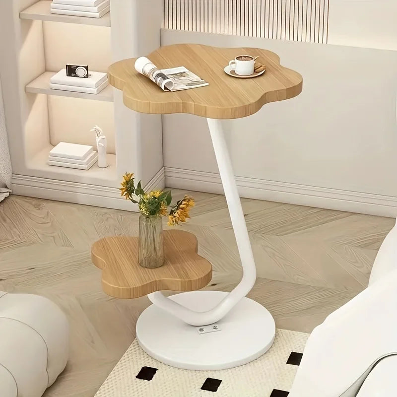 Cream-colored Flower-shaped Side Table with Double Storage Layers and Metal Frame