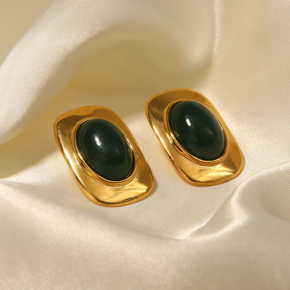 18k Green Oval Opal Rectangle Earrings