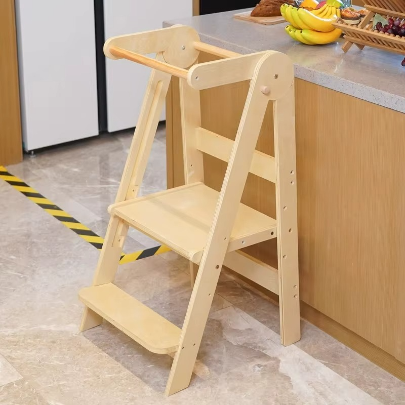Modern Design Foldable Step Stool Kids Wooden Kitchen Tower - Safe and Versatile Helper for Kids
