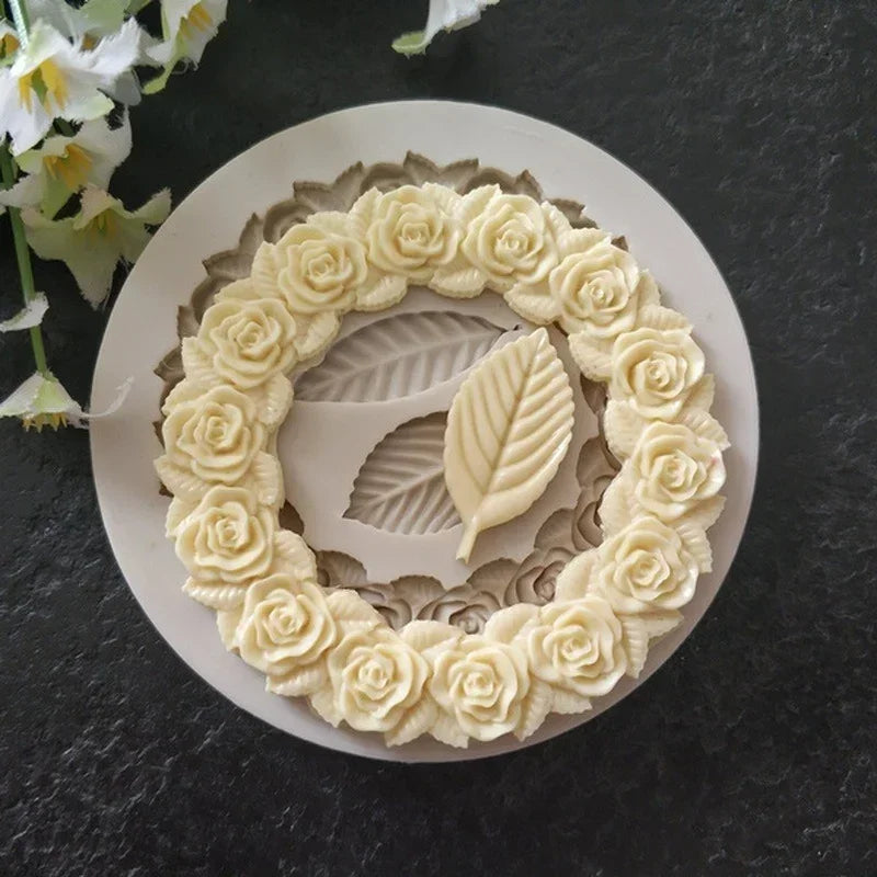 DekoMould Silicone Mold Rosette & Leaves | For Fondant, Chocolate & Sugar Paste | Finest Baking Decoration & Frame Designs
