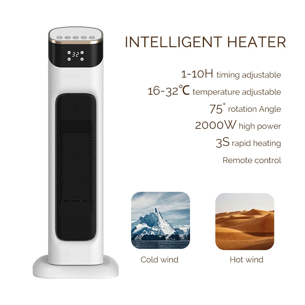 Electric PTC Fan Heater with Adjustable Temperature, Remote Control and Timer, Energy Efficient
