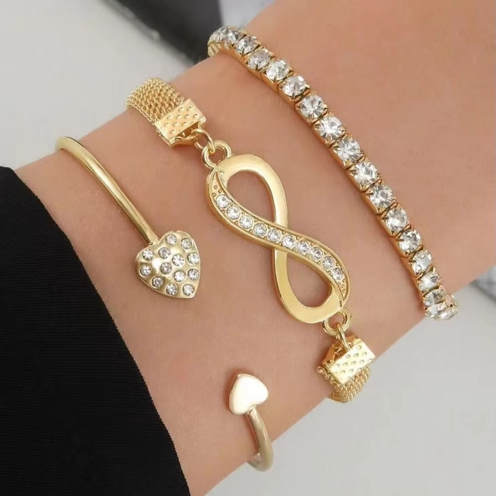 Elegant Rhinestone Heart & Infinity Bracelet Set for Women - 3 Pieces