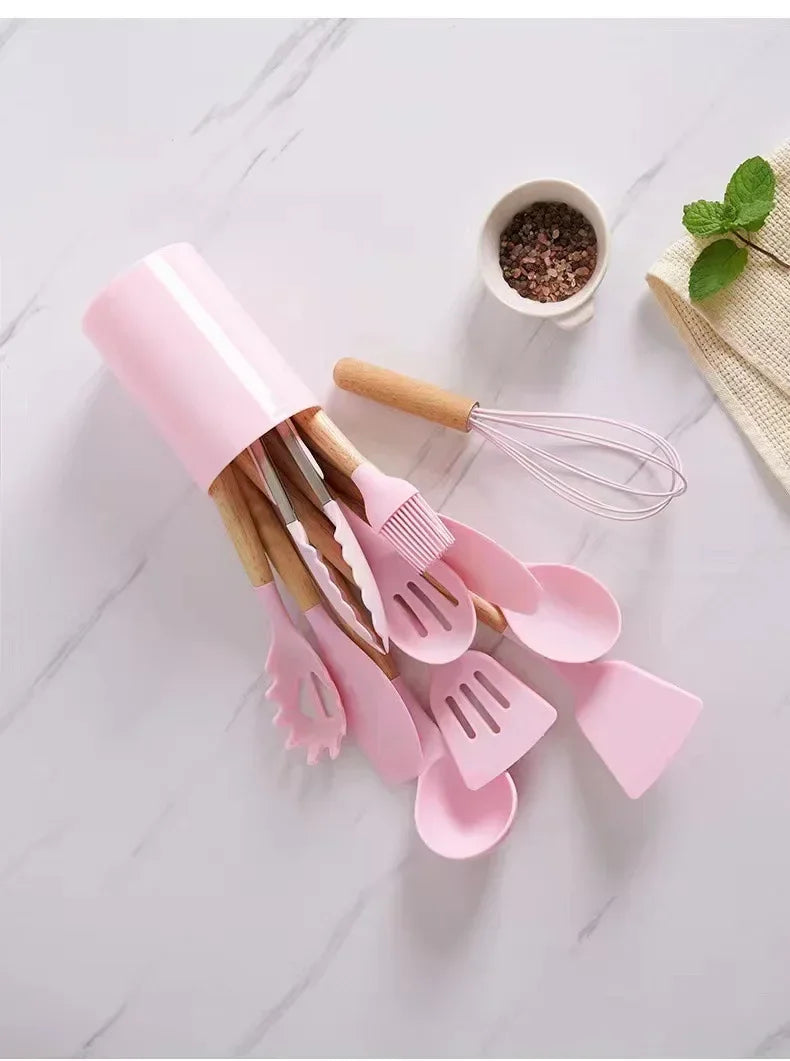 ChefEase – 12-piece silicone kitchen utensil set with wooden handles