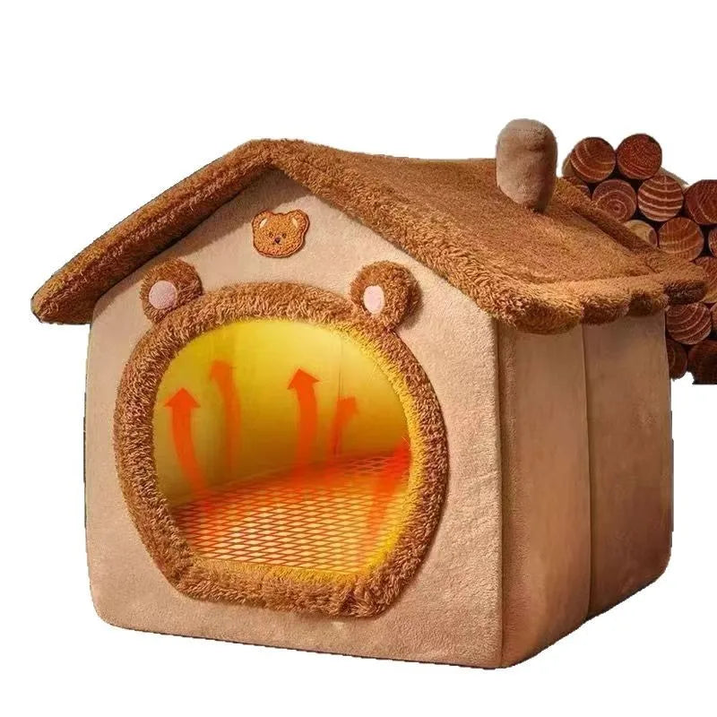 Plush Pet House with Roof & Anti-Slip Bottom