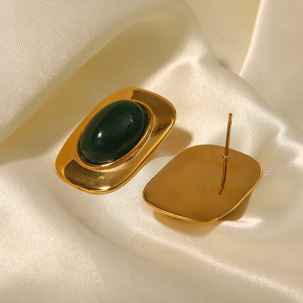 18k Green Oval Opal Rectangle Earrings