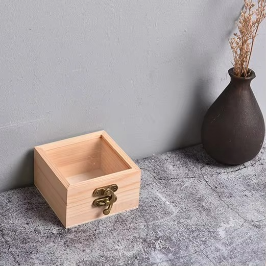 Wooden Hinged Square Storage Box – Desktop Organizer and Jewelry Container