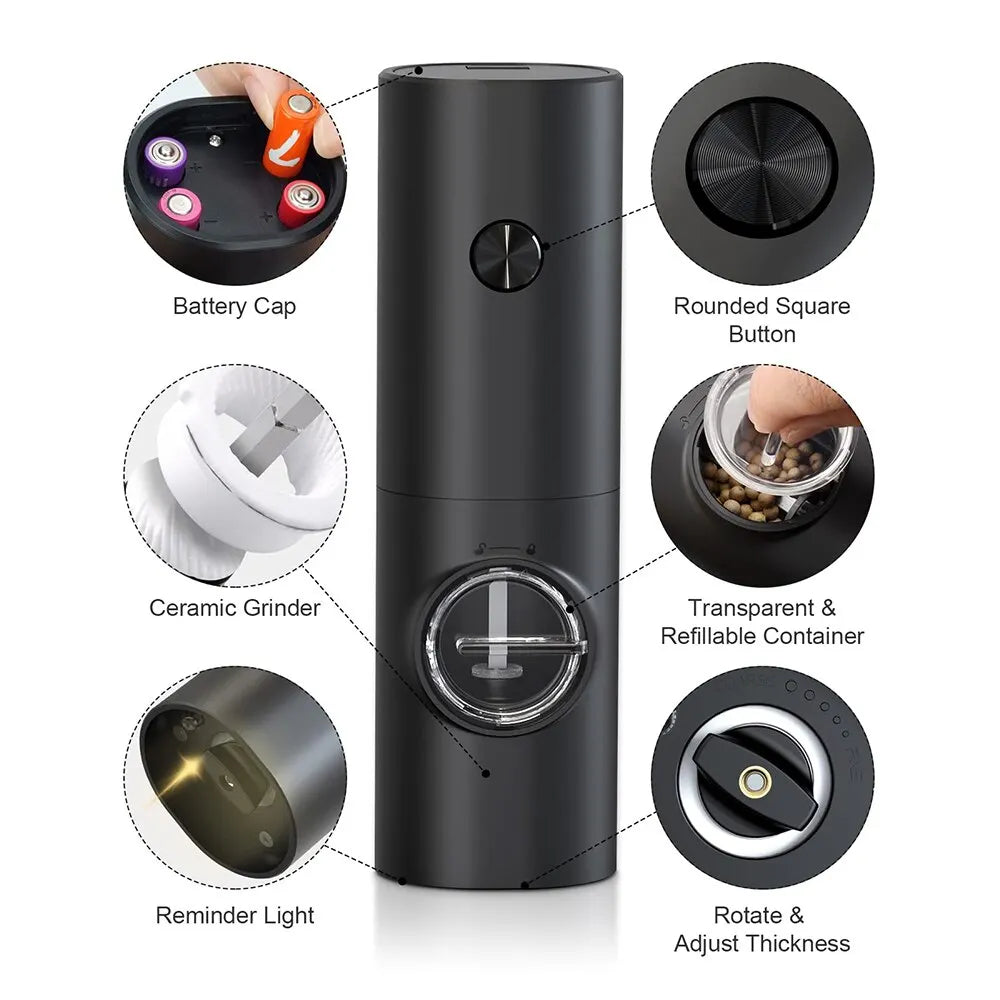 2 Pieces Electric Salt and Pepper Mill with Adjustable Grinding Degree, Refillable Mill, Battery-Powered Kitchen Gadget