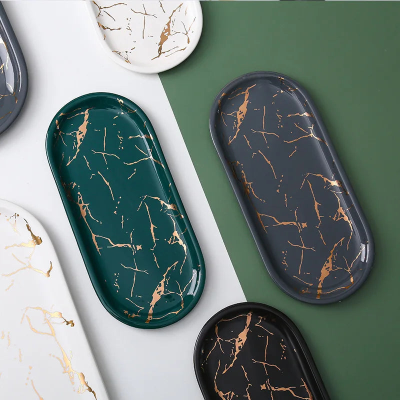 Nordic Ins Ceramic Marble Oval Tray Jewelry Storage Tray Accessories Soap Holder Golden Wave Bathroom Cup Bath Decoration
