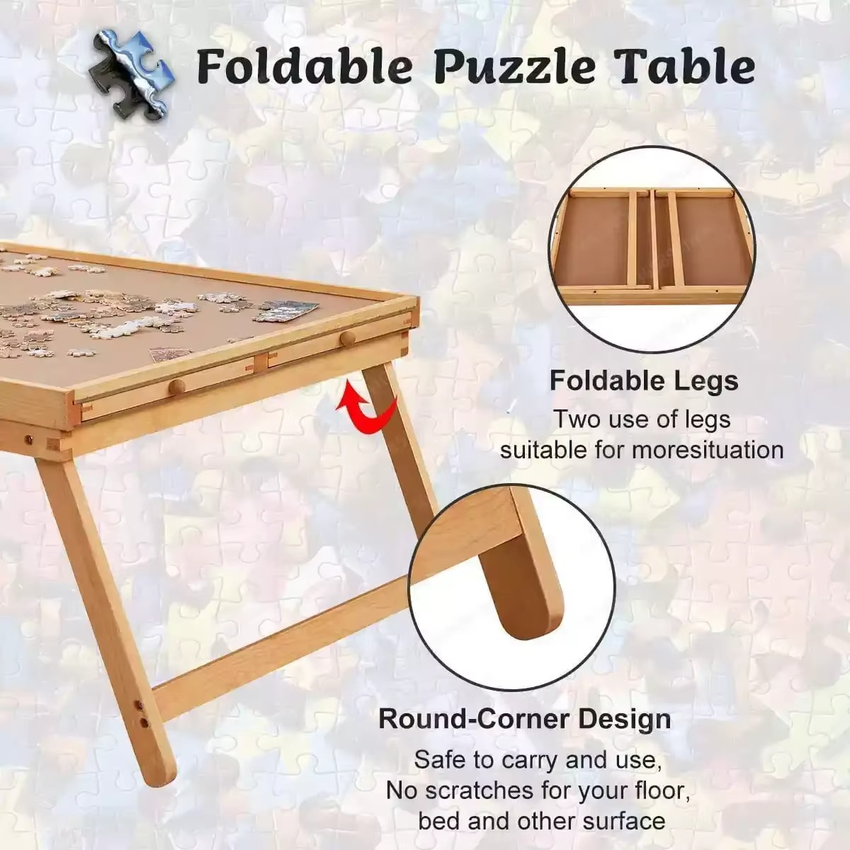 Folding Wooden Puzzle Table with 4 Storage Drawers for Up to 1500 Pieces