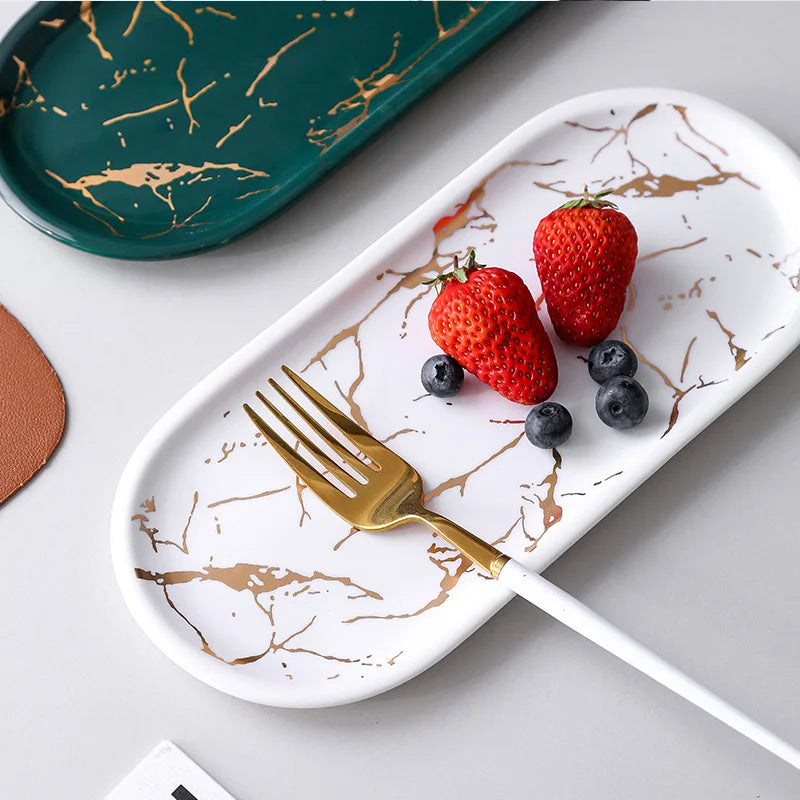 Nordic Ins Ceramic Marble Oval Tray Jewelry Storage Tray Accessories Soap Holder Golden Wave Bathroom Cup Bath Decoration