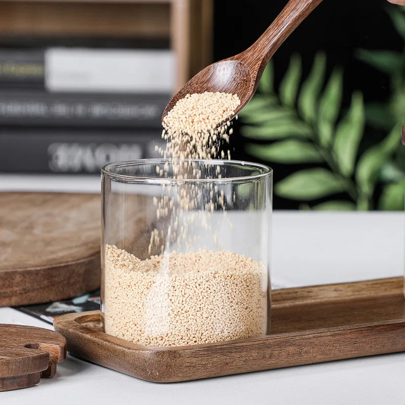 Modern set of glass containers with a natural design and practical application