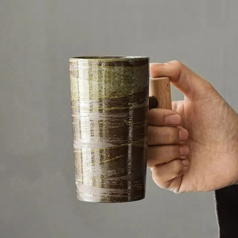 Nordic Design Mug – Minimalist Ceramic Mug with Wooden Handle