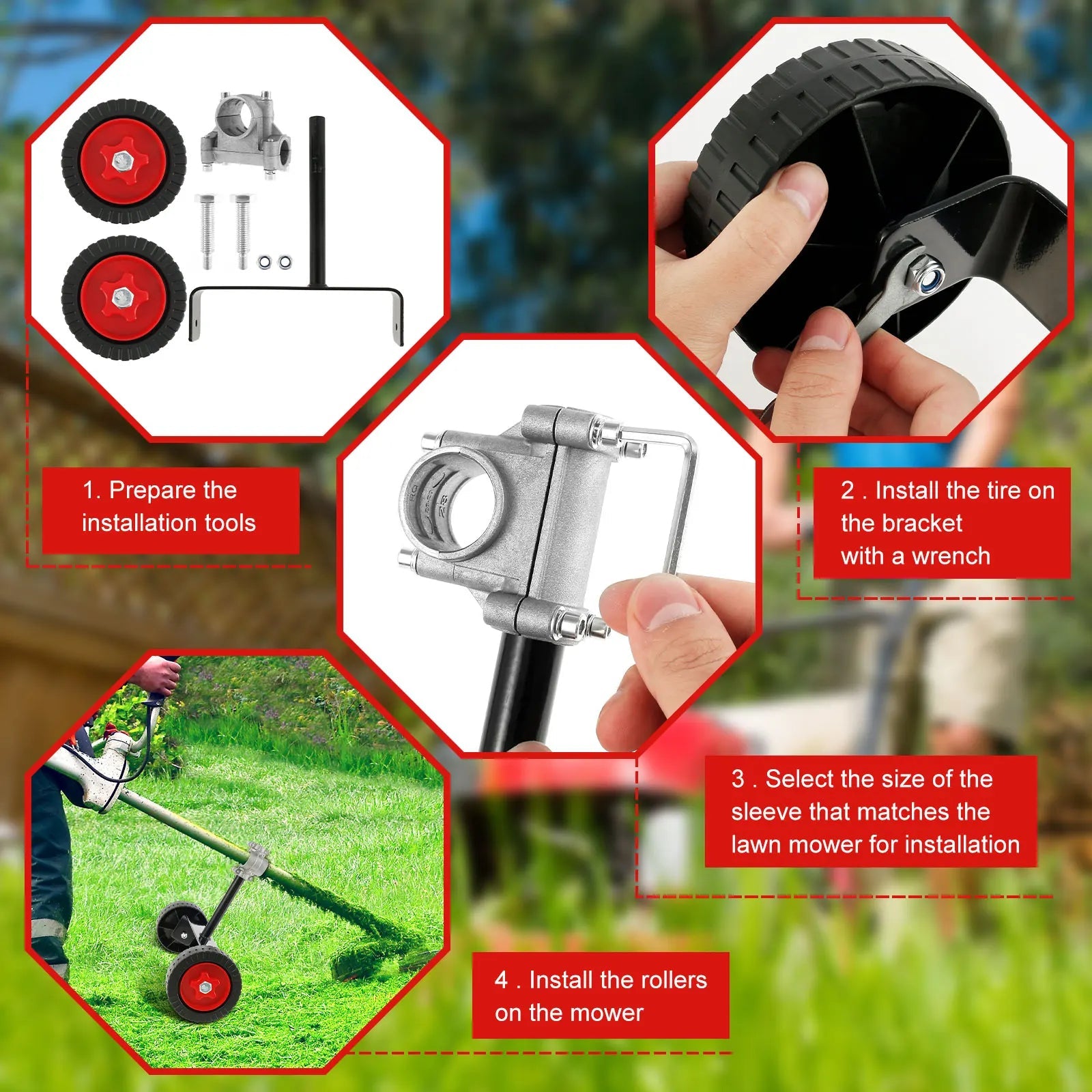 Universal Support Wheel TRIMNOVA EasyRoll | Height Adjustable | Back & Arm Friendly | For Lawnmowers & Brush Cutters