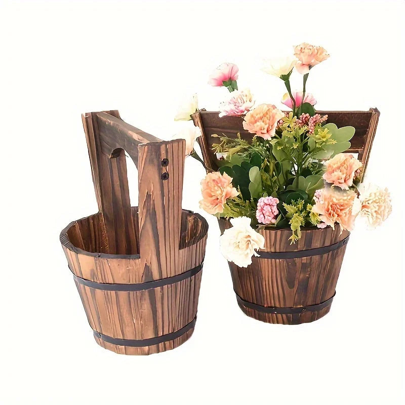 Wooden Bucket Planter in Barrel Design for Garden and Terrace – Decorative Flower Pots made of Wood