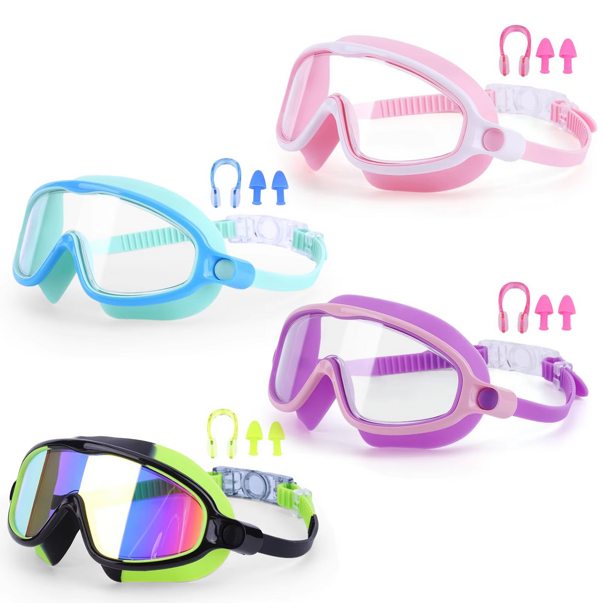 2-Pack HD Swimming Goggles with Earplugs, Wide-View Waterproof Dive Mask