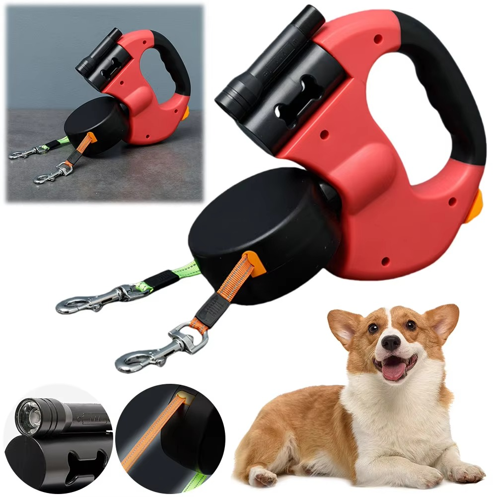 Retractable Dual Dog Leash with 360° Swivel and LED Safety Light for Walking Two Dogs