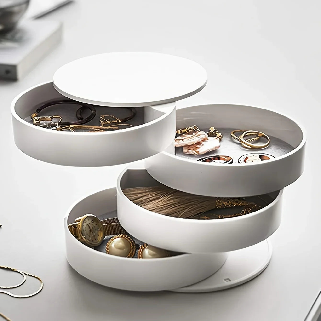 Velvira Jewelry Box Rotatable | 5 Levels with Lid | Dustproof & Compact | For Jewelry, Hair Accessories & Makeup