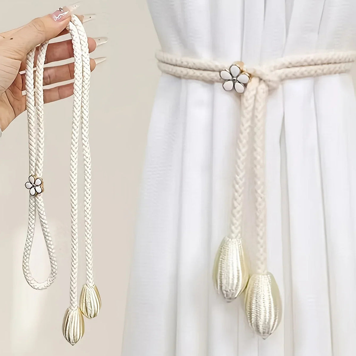 Floravia Curtain Holders 2-Piece Set | Adjustable Without Drilling | With Flower Buckle | Elegant Home Accessory