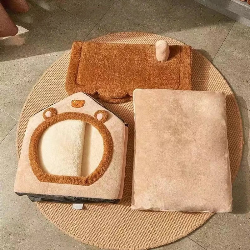 Plush Pet House with Roof & Anti-Slip Bottom