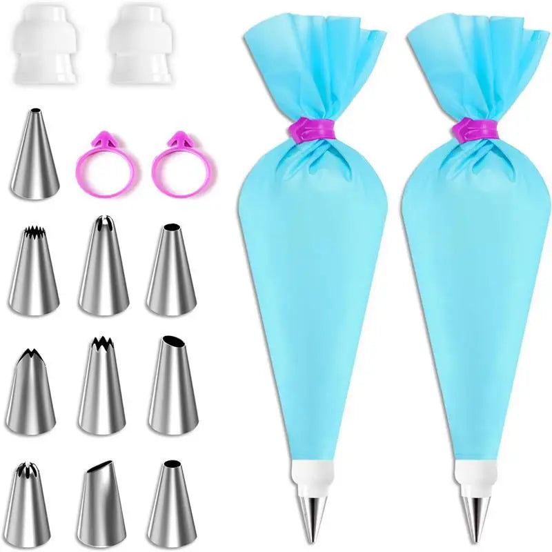 BakeDeko Piping Nozzle Set | Reusable Silicone Piping Bags with Stainless Steel Nozzles | For Cakes, Cupcakes & Pastries