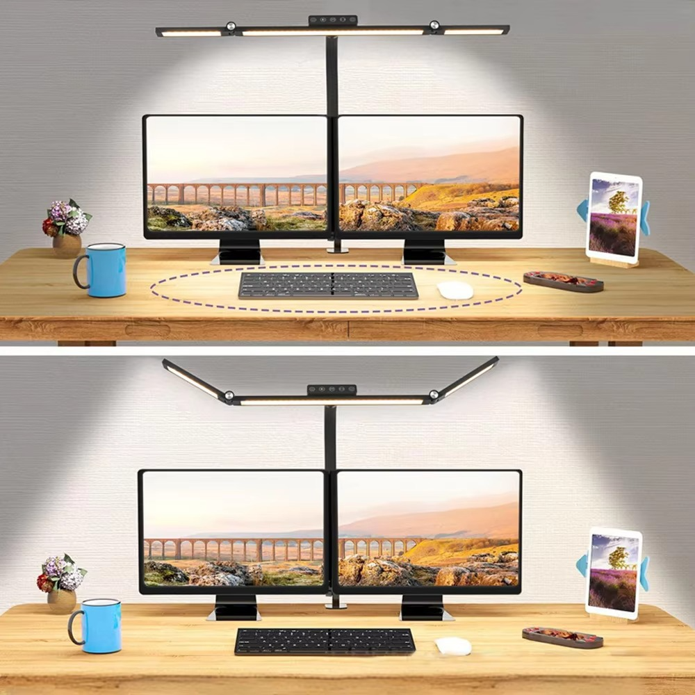 24W Triple Head LED Desk Lamp with Clamp and Auto Dimming for Office and Home