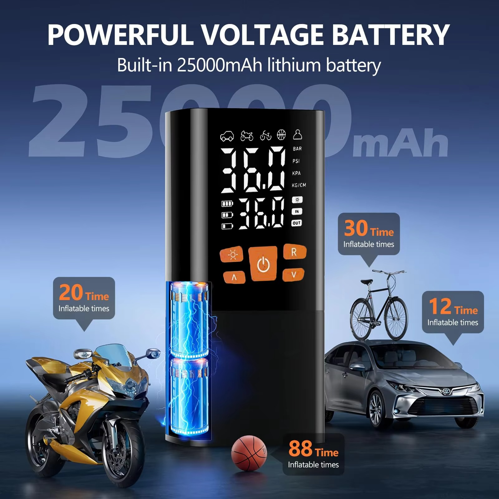 Portable Tire Inflator Air Compressor, 180 PSI Rechargeable Pump with 25000mAh Battery