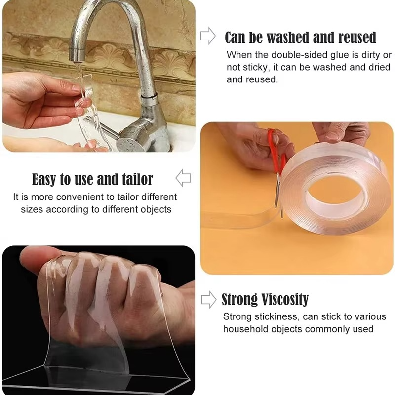 Transparent Double Sided Nano Adhesive Tape - 1M 3M 5M Reusable Waterproof Mounting Roll