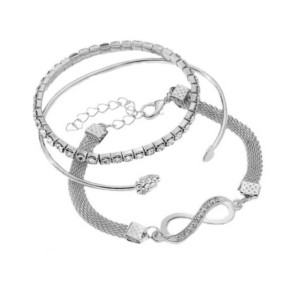 Elegant Rhinestone Heart & Infinity Bracelet Set for Women - 3 Pieces