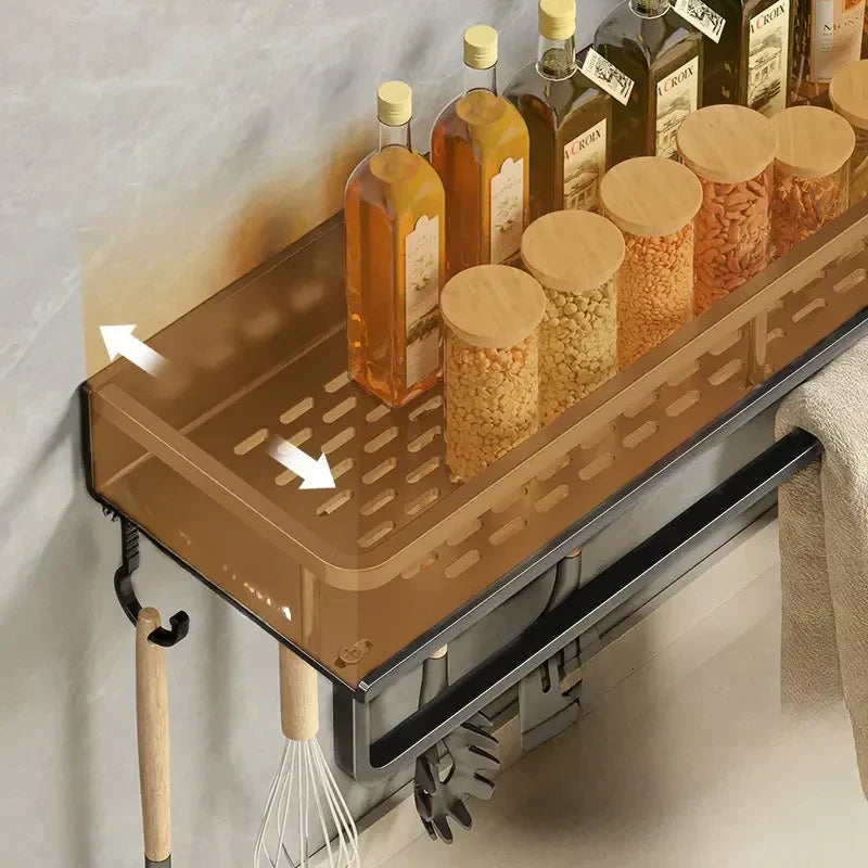 Black Wall-Mounted Kitchen Rack – Spice Shelf with Utensil Hook Bar