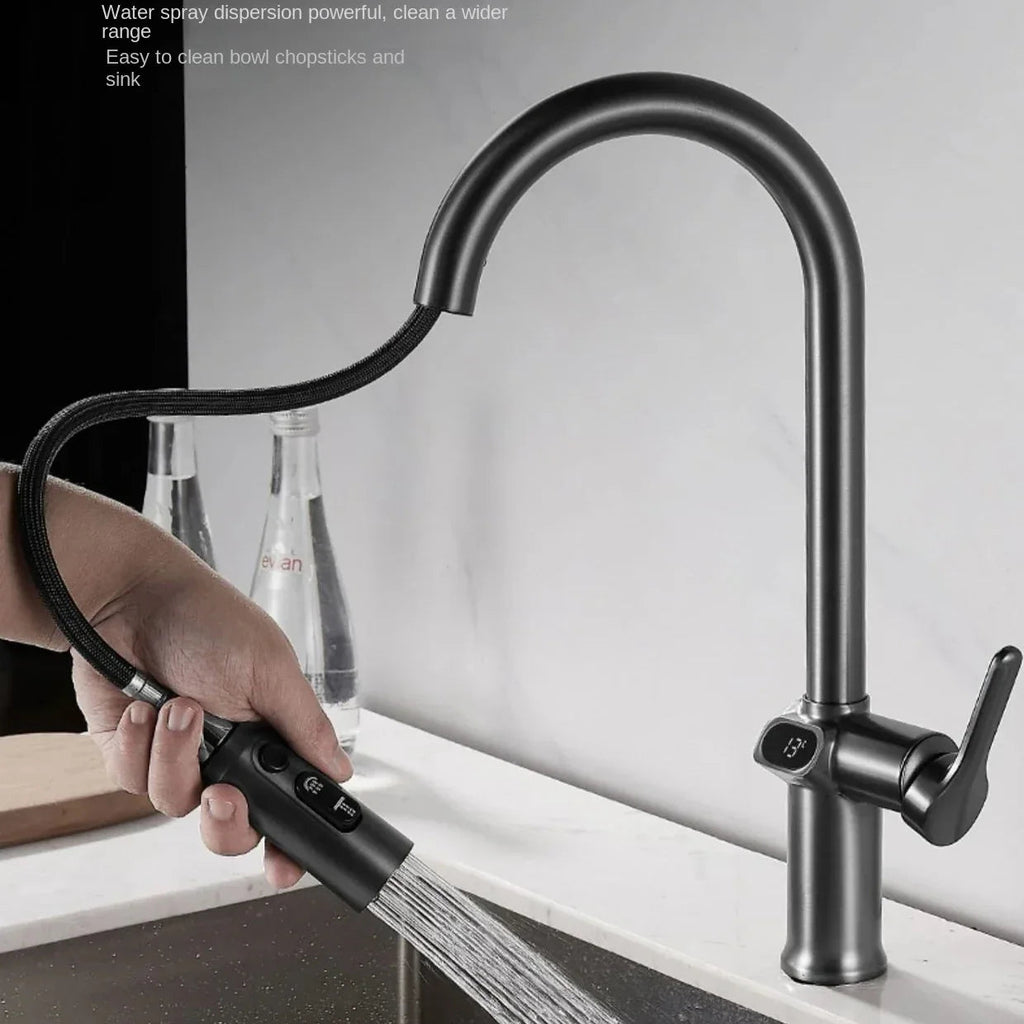 Pull-out Kitchen Faucet with Digital Display and Swivel Spout