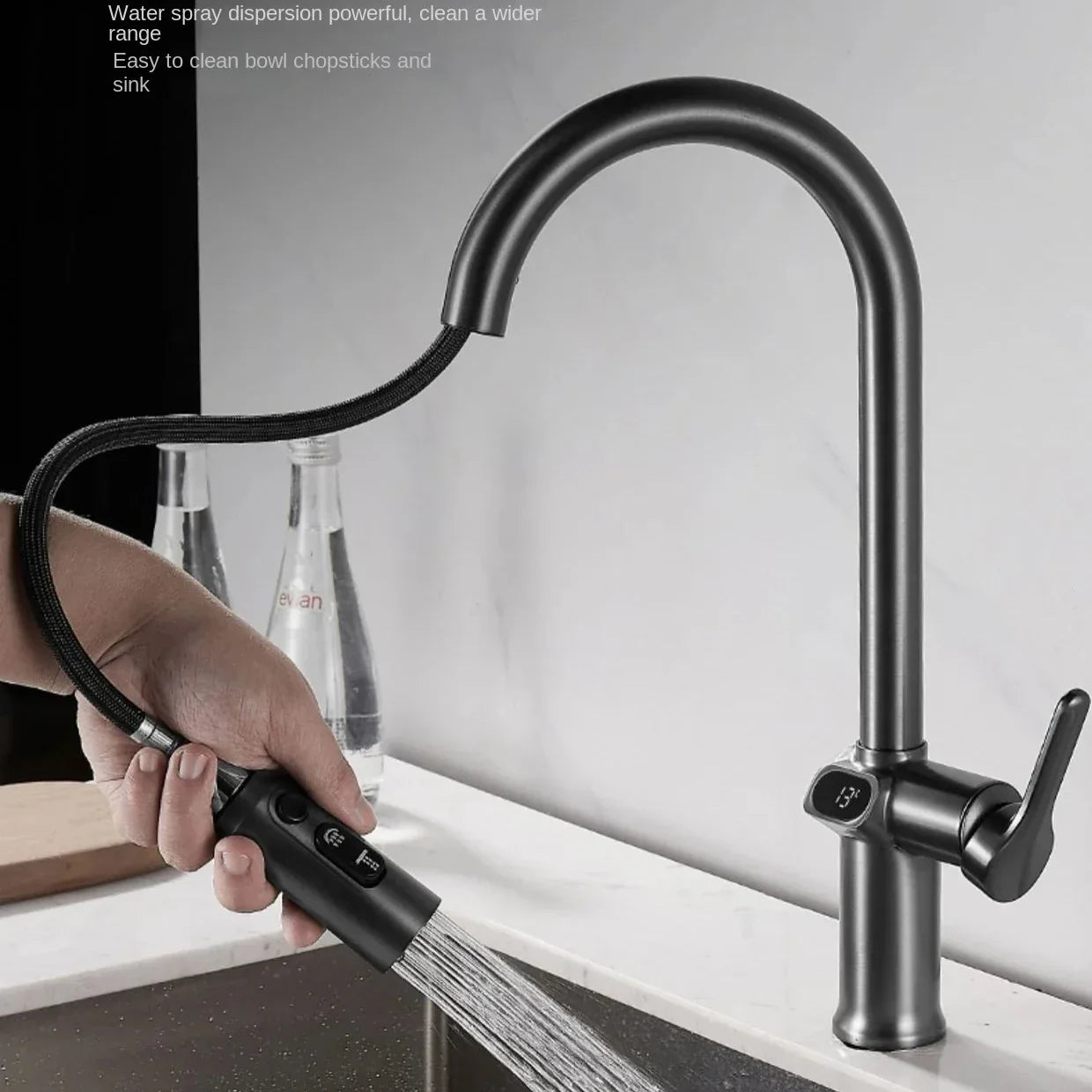 Pull-out Kitchen Faucet with Digital Display and Swivel Spout