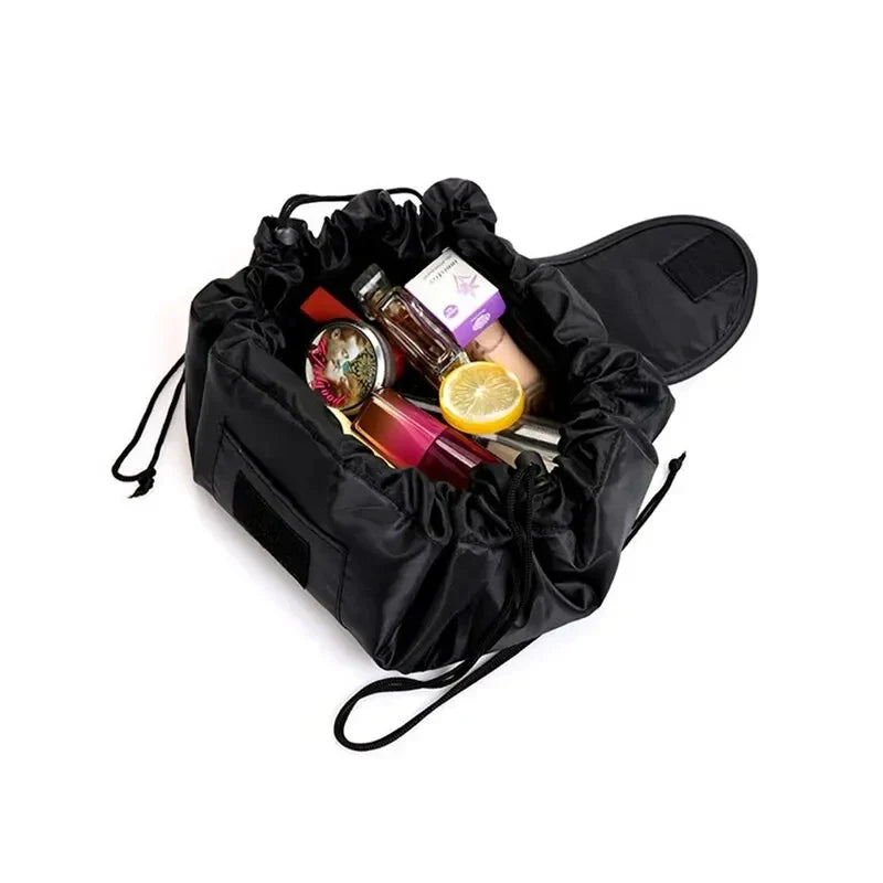 GlamFold Cosmetic Bag | Spacious bag with drawstring for stylish and practical use in black