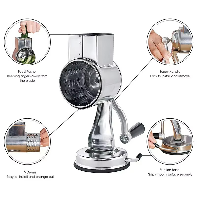 Rotary Vegetable Grater with 5 Stainless Steel Blades, Suction Cup Base, Dishwasher Safe